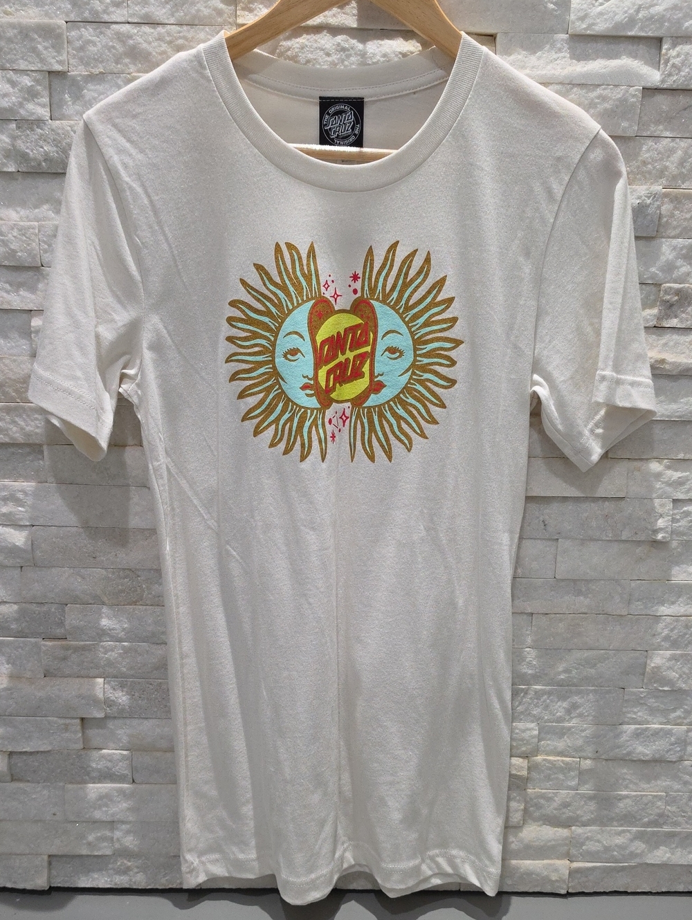 Santa Cruz Skateboards White Tee with Gold Sun & Aqua Moon Graphic